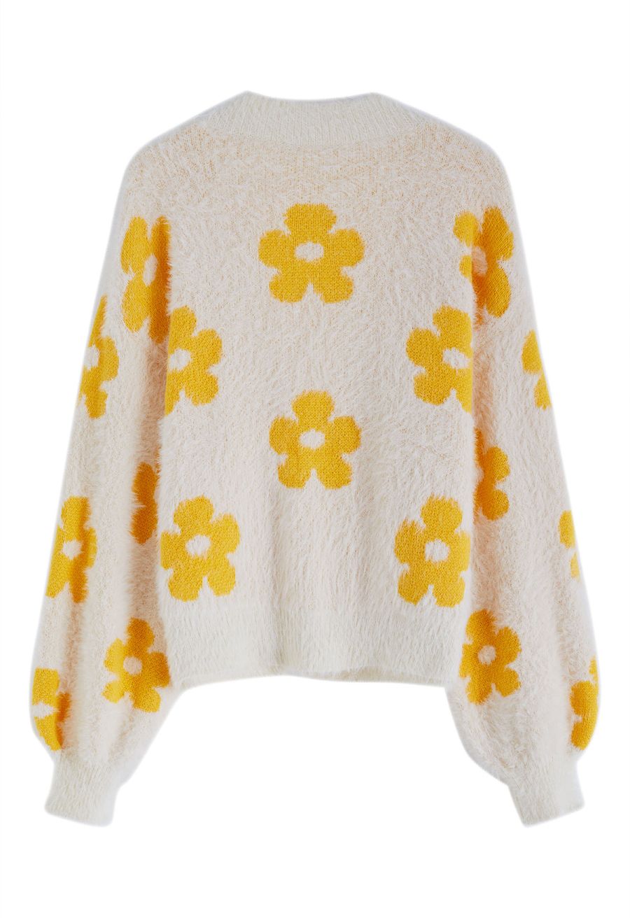 Cuteness Flowers Fuzzy Knit Cardigan in Ivory