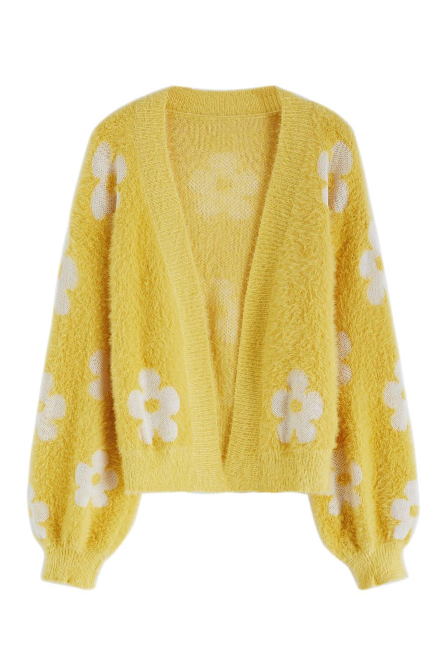 Cuteness Flowers Fuzzy Knit Cardigan in Yellow