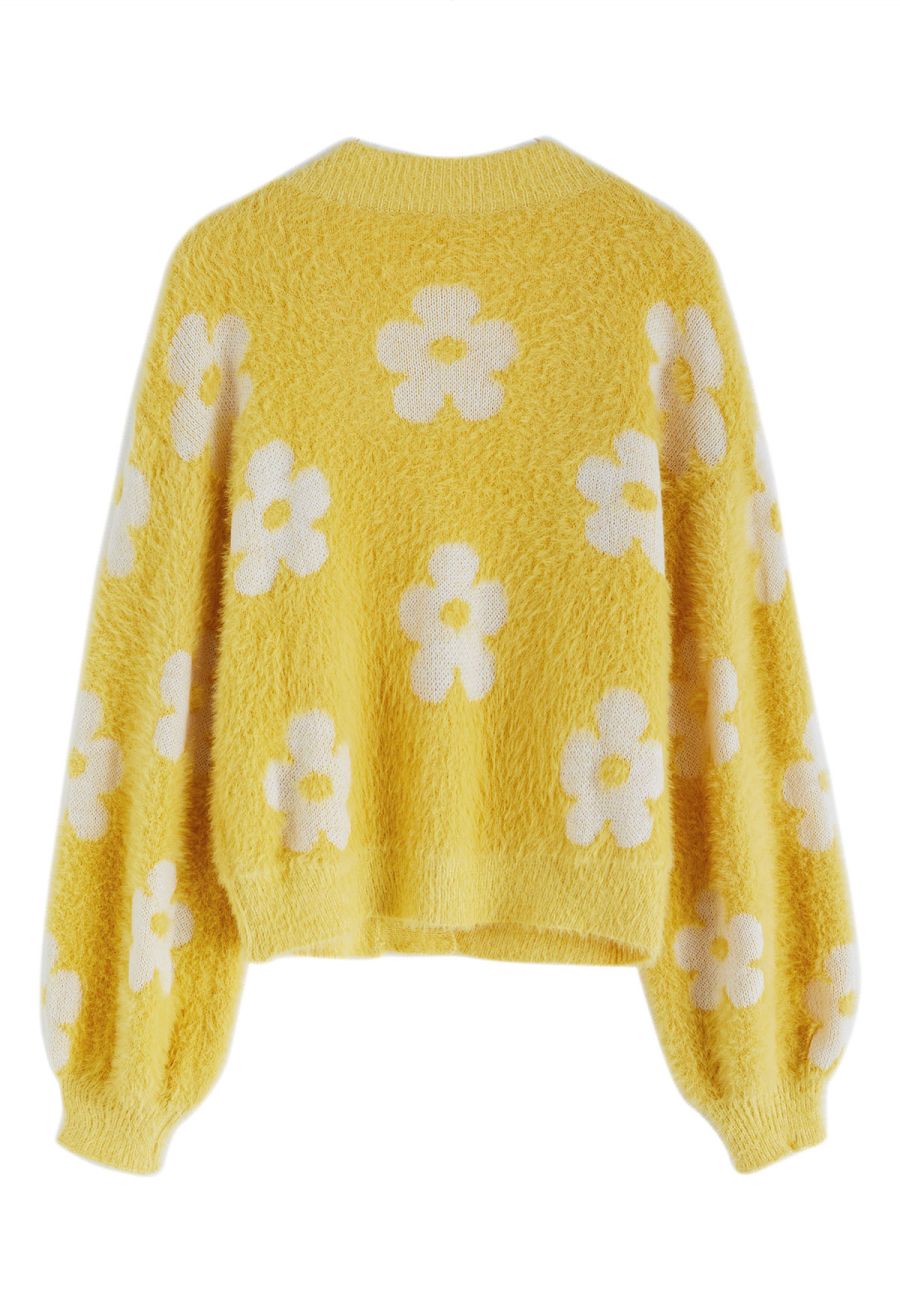 Cuteness Flowers Fuzzy Knit Cardigan in Yellow