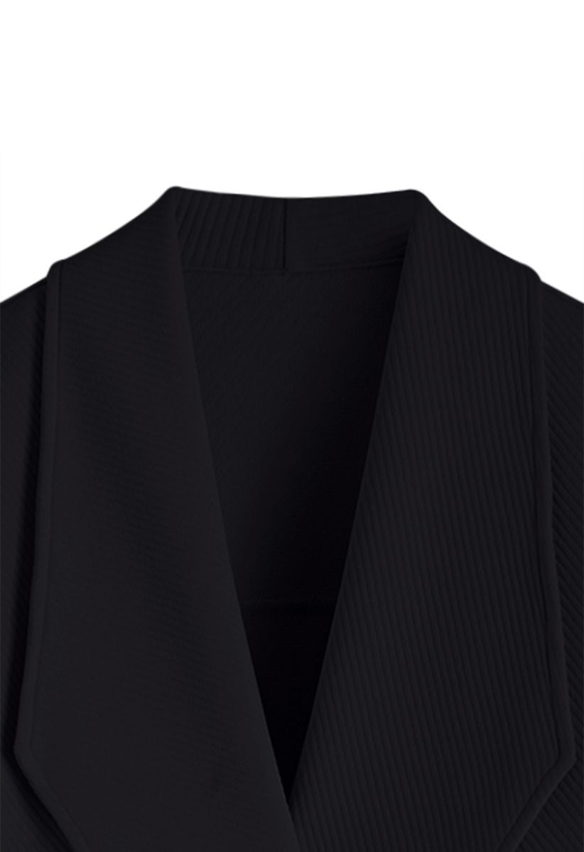 Lapel Open Front Quilted Cotton-Blend Coat in Black