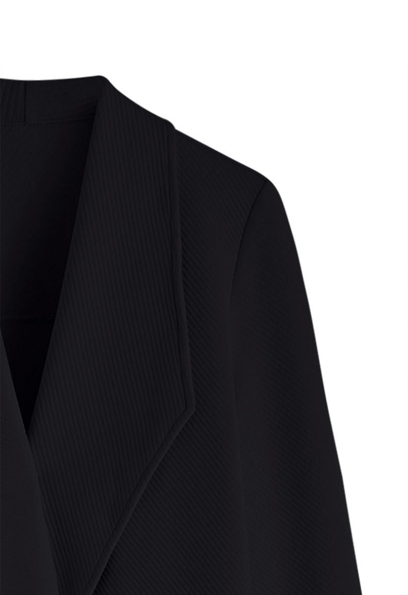 Lapel Open Front Quilted Cotton-Blend Coat in Black