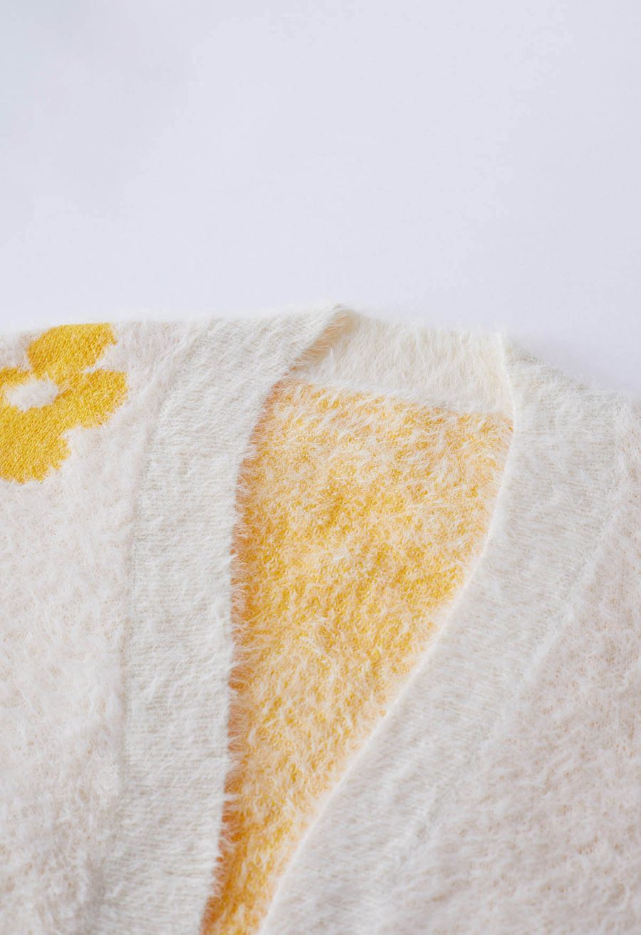 Cuteness Flowers Fuzzy Knit Cardigan in Ivory