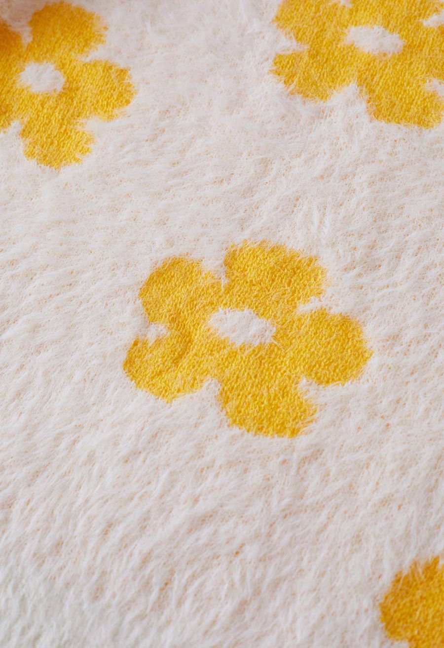 Cuteness Flowers Fuzzy Knit Cardigan in Ivory