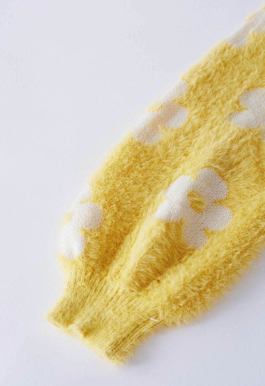 Cuteness Flowers Fuzzy Knit Cardigan in Yellow