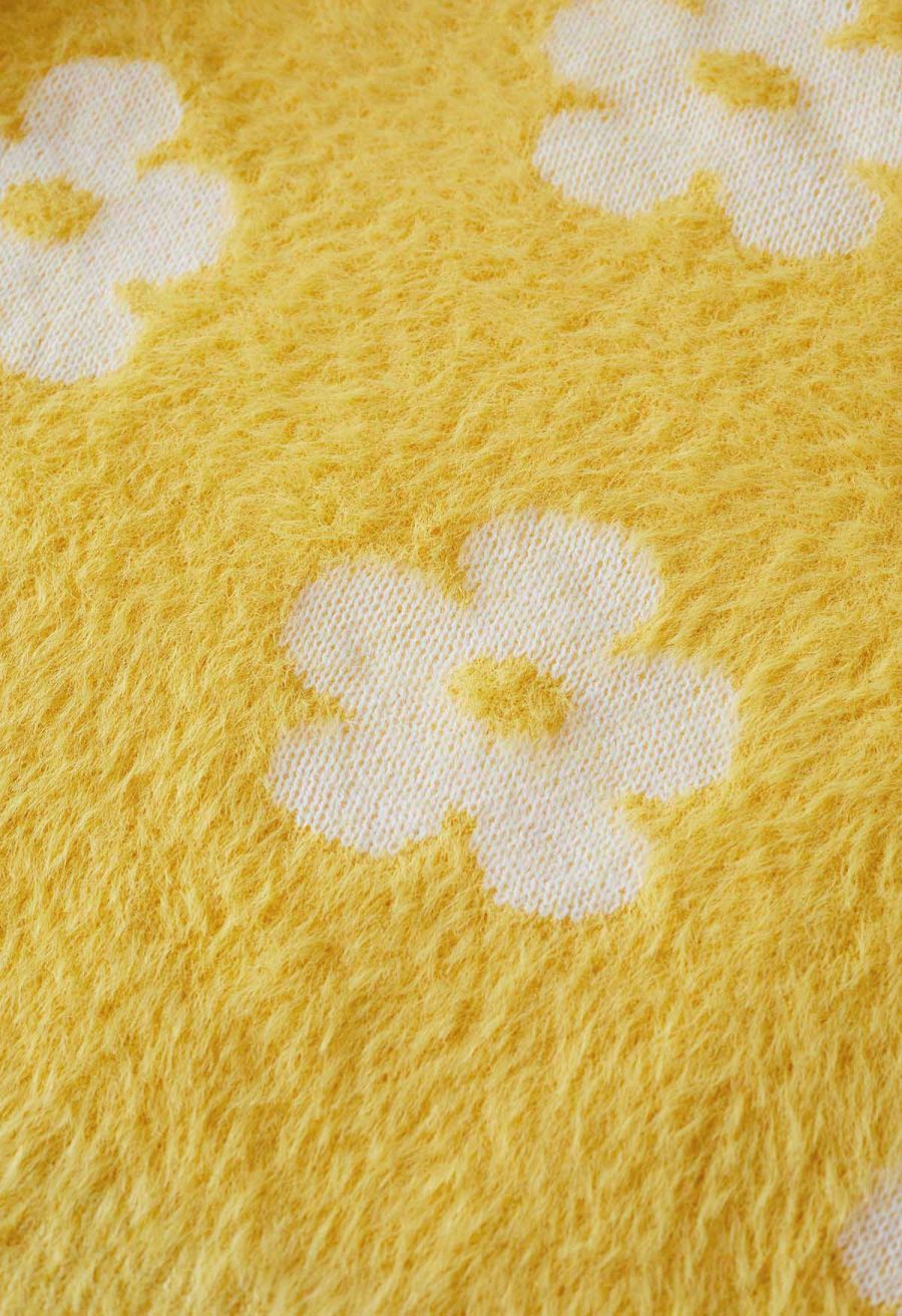 Cuteness Flowers Fuzzy Knit Cardigan in Yellow
