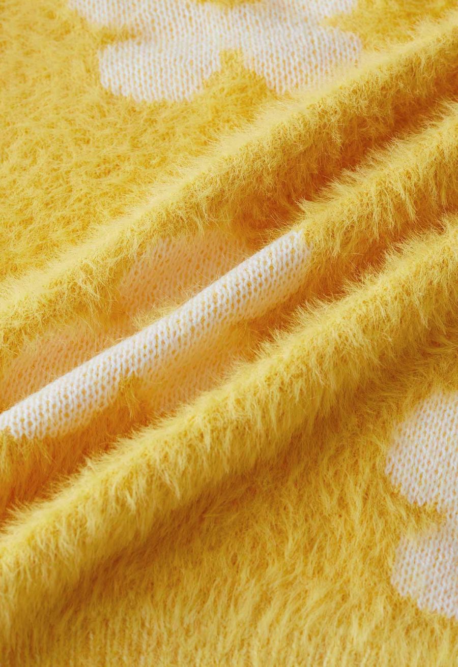 Cuteness Flowers Fuzzy Knit Cardigan in Yellow