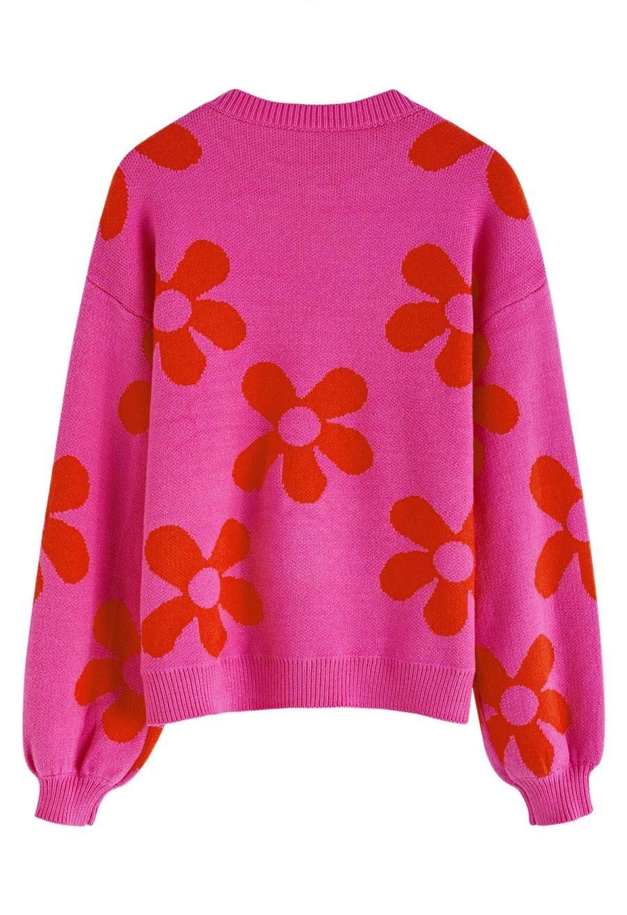 Cuteness Flowers Boxy Round Neck Knit Sweater in Hot Pink