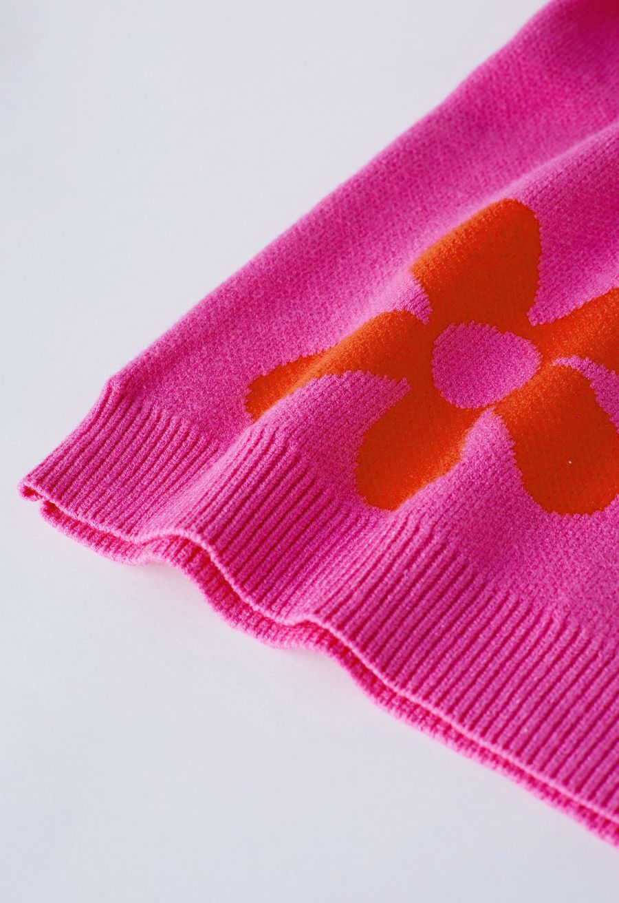 Cuteness Flowers Boxy Round Neck Knit Sweater in Hot Pink