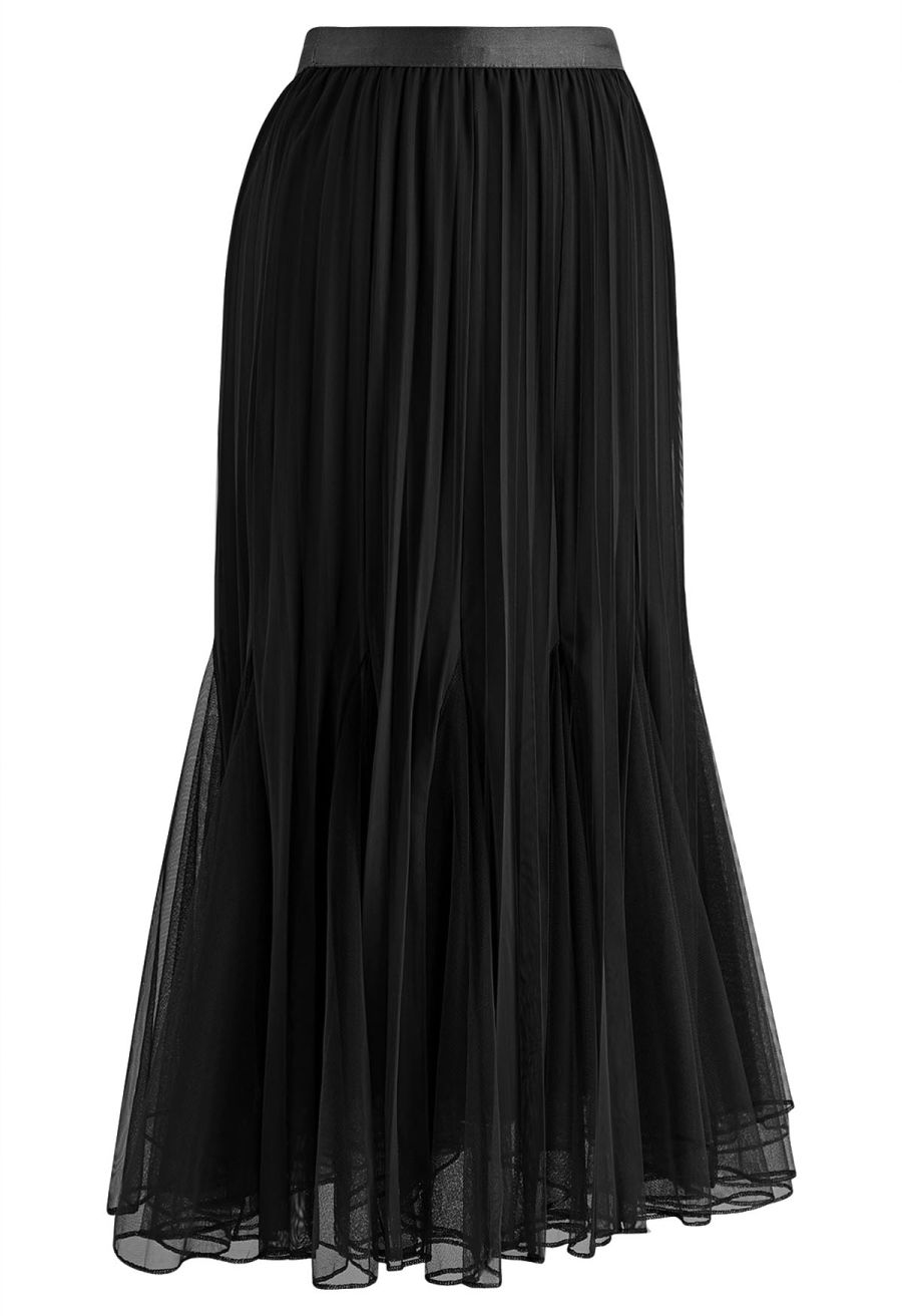 Panelled Pleated Mesh Tulle Midi Skirt in Black