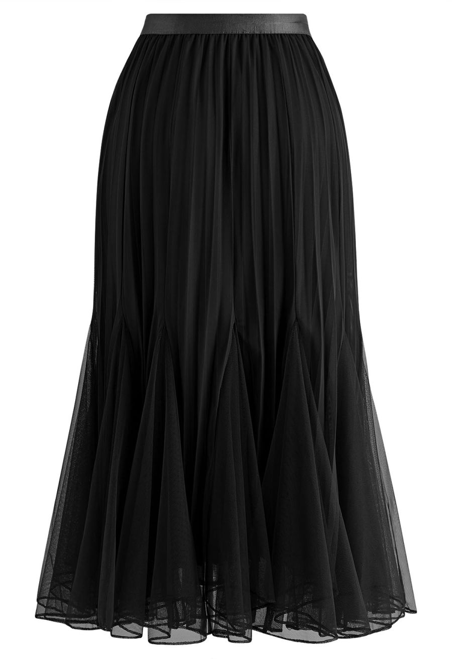 Panelled Pleated Mesh Tulle Midi Skirt in Black