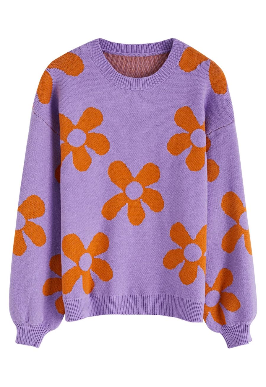 Cuteness Flowers Boxy Round Neck Knit Sweater in Lilac