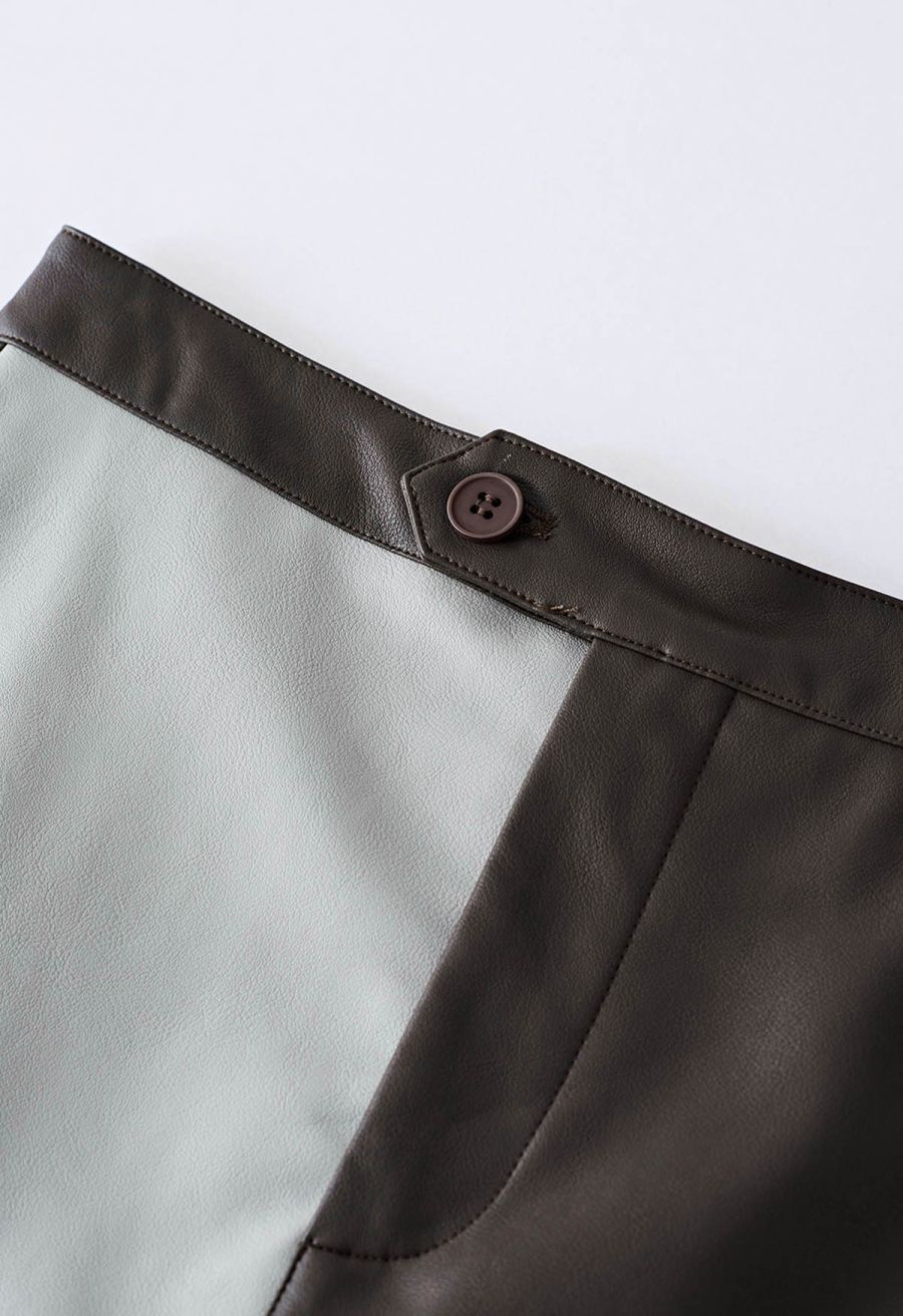 Two-Tone Faux Leather Mini Bud Skirt in Brown