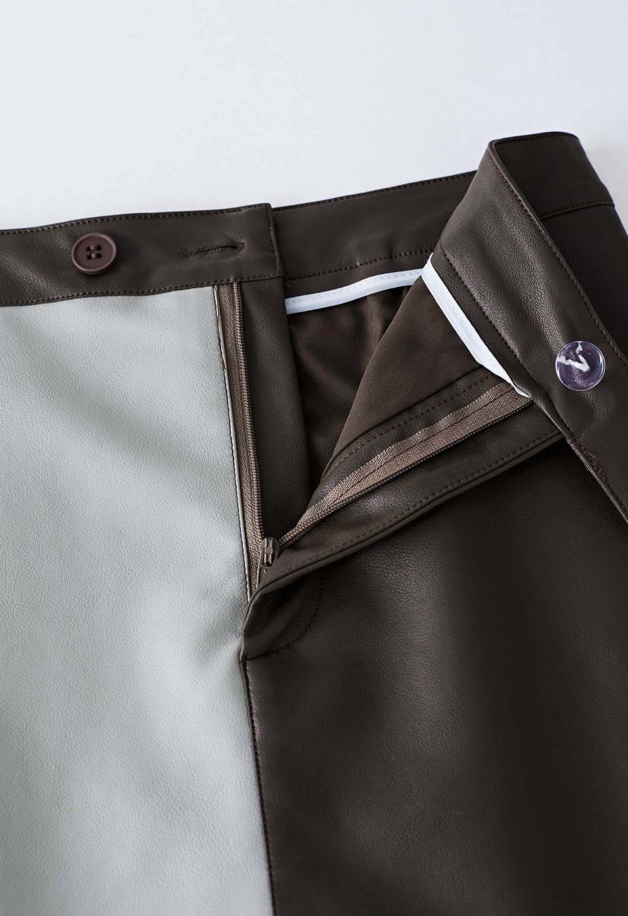 Two-Tone Faux Leather Mini Bud Skirt in Brown