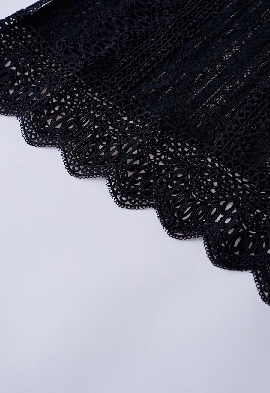 Sheer Sleeve Spliced Cutwork Lace Top in Black
