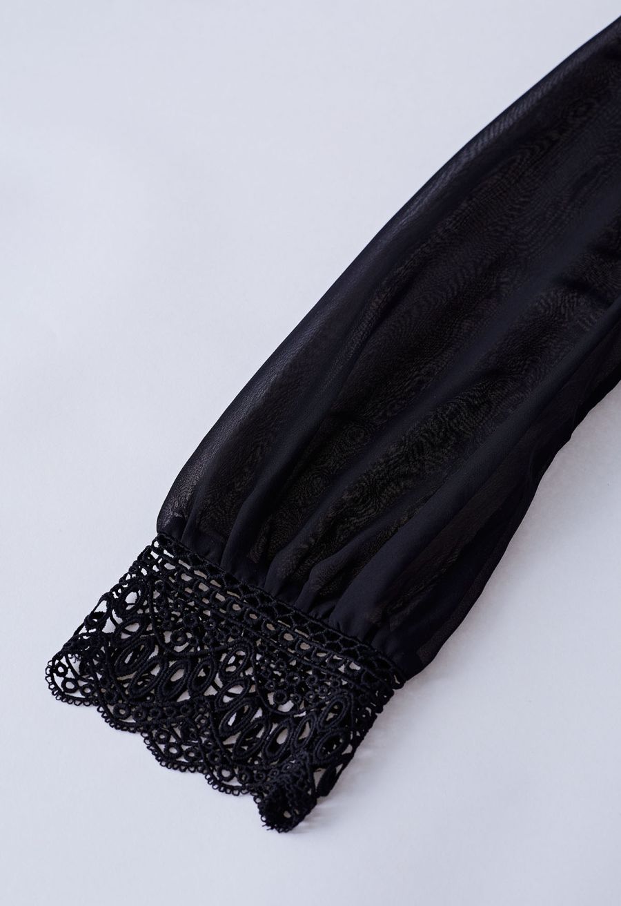 Sheer Sleeve Spliced Cutwork Lace Top in Black