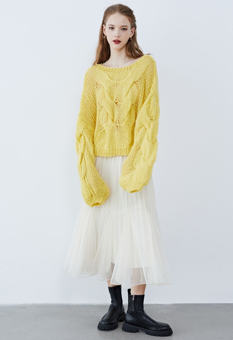 Hand-Knit Puff Sleeves Sweater in Yellow