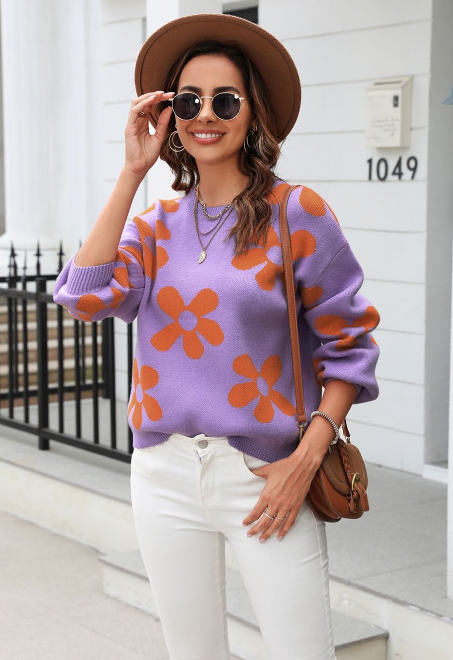 Cuteness Flowers Boxy Round Neck Knit Sweater in Lilac