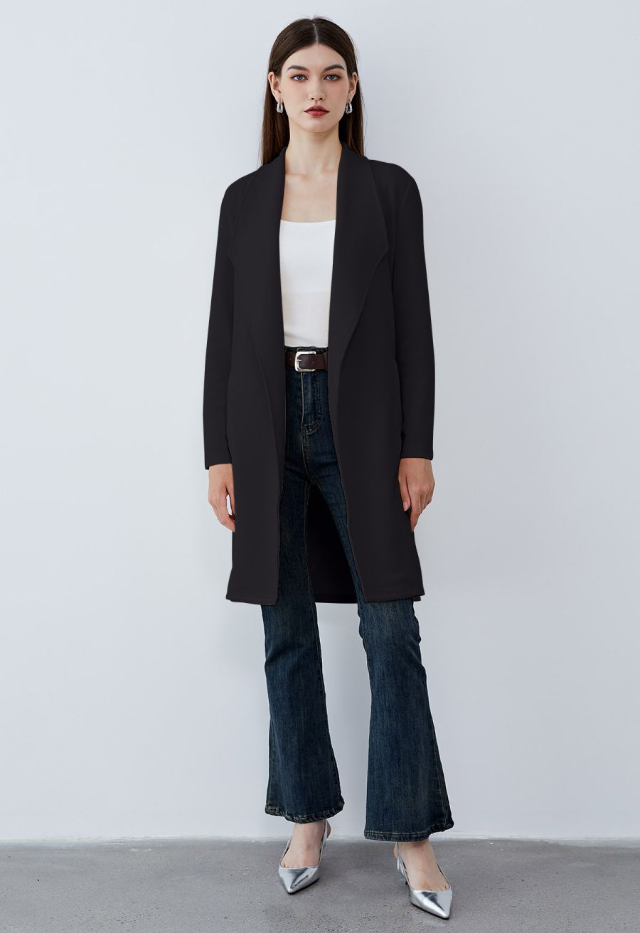 Lapel Open Front Quilted Cotton-Blend Coat in Black