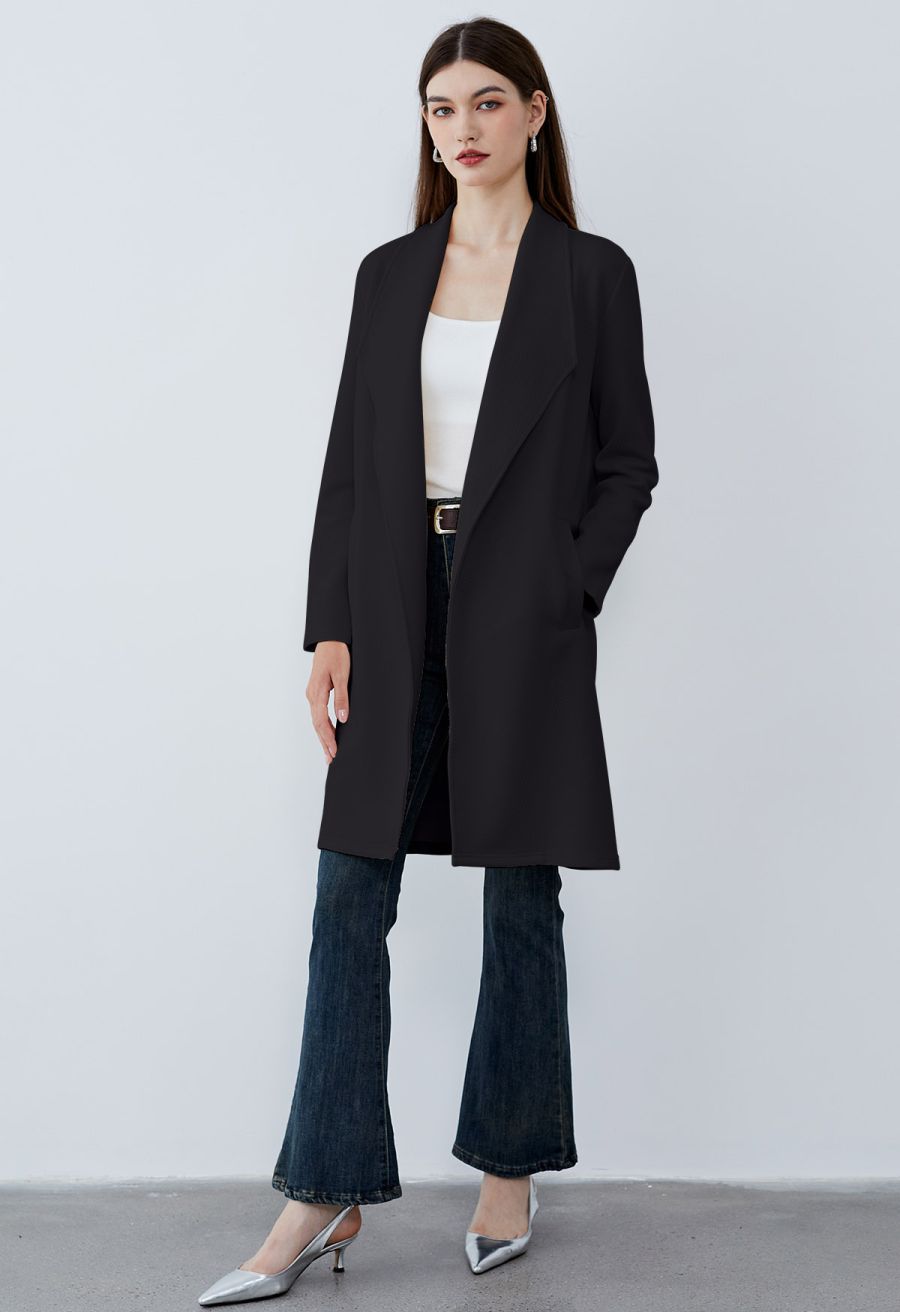 Lapel Open Front Quilted Cotton-Blend Coat in Black