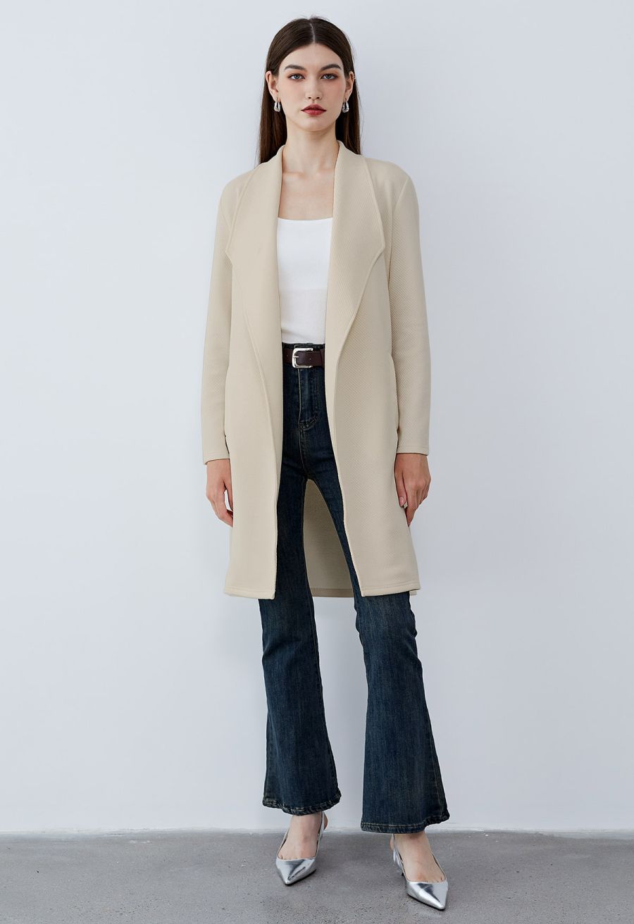 Lapel Open Front Quilted Cotton-Blend Coat in Oatmeal