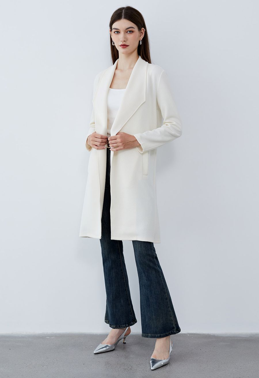 Lapel Open Front Quilted Cotton-Blend Coat in Ivory