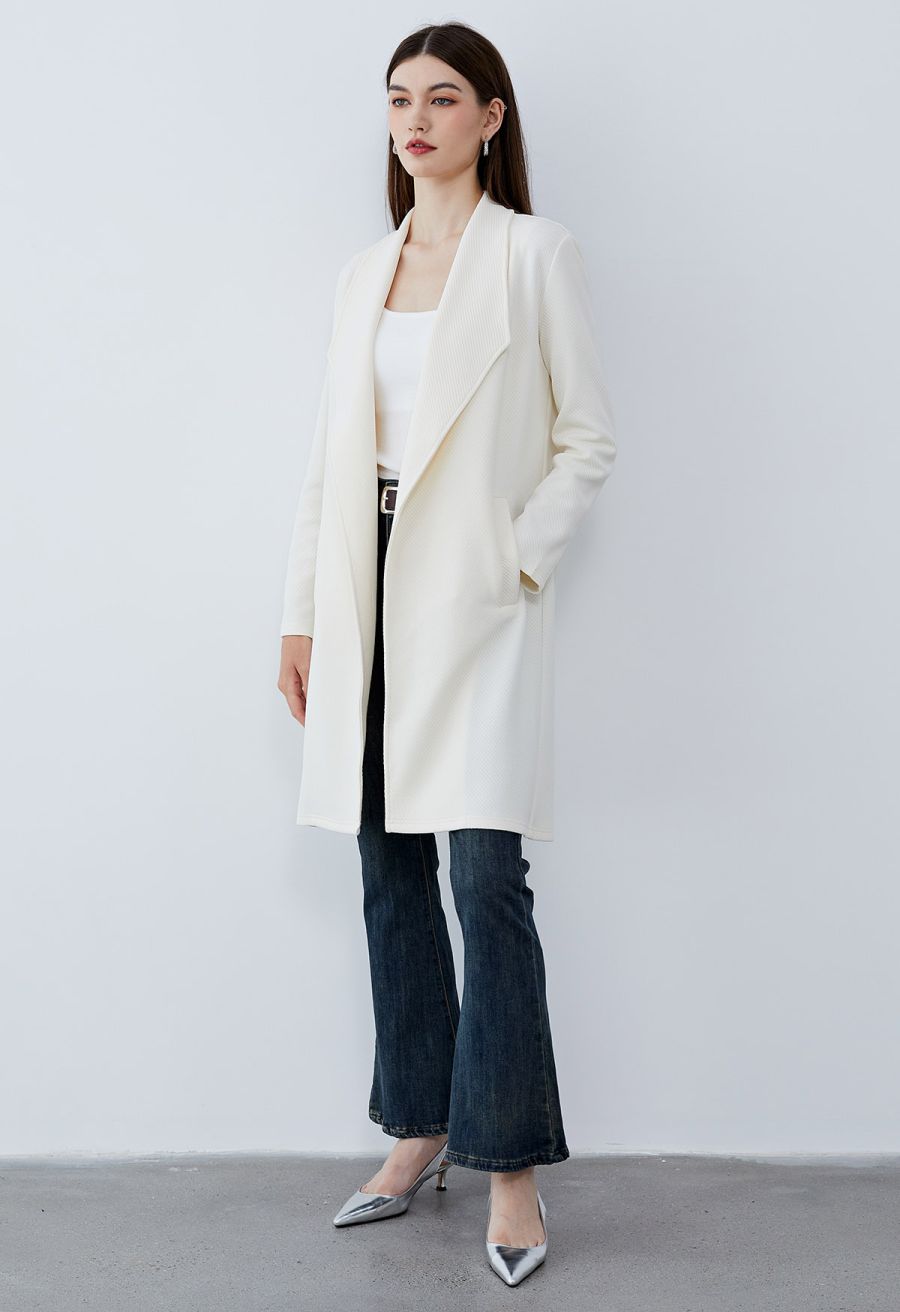 Lapel Open Front Quilted Cotton-Blend Coat in Ivory