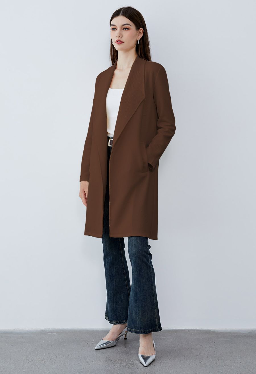 Lapel Open Front Quilted Cotton-Blend Coat in Brown