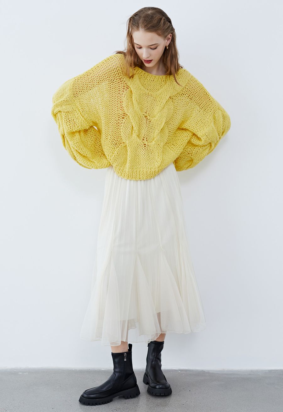 Hand-Knit Puff Sleeves Sweater in Yellow