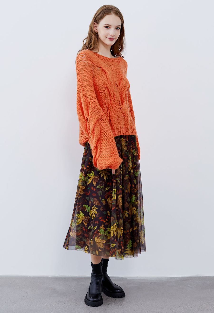 Hand-Knit Puff Sleeves Sweater in Orange