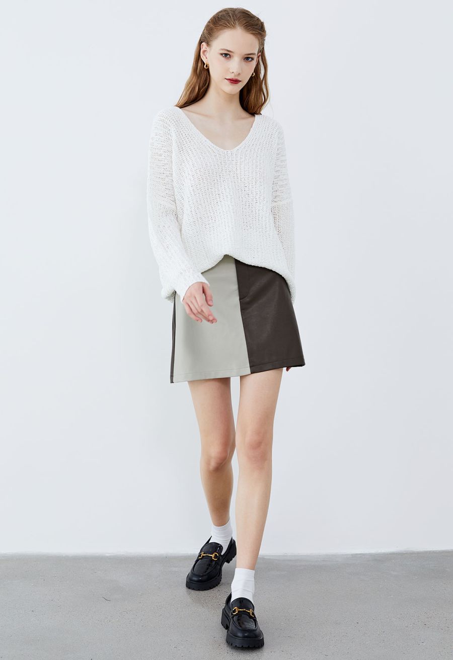 Two-Tone Faux Leather Mini Bud Skirt in Brown
