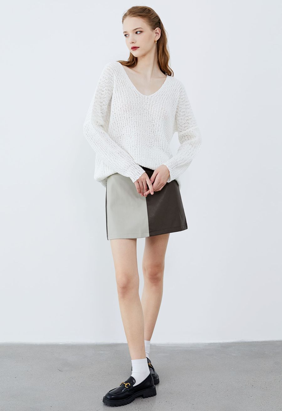 Two-Tone Faux Leather Mini Bud Skirt in Brown