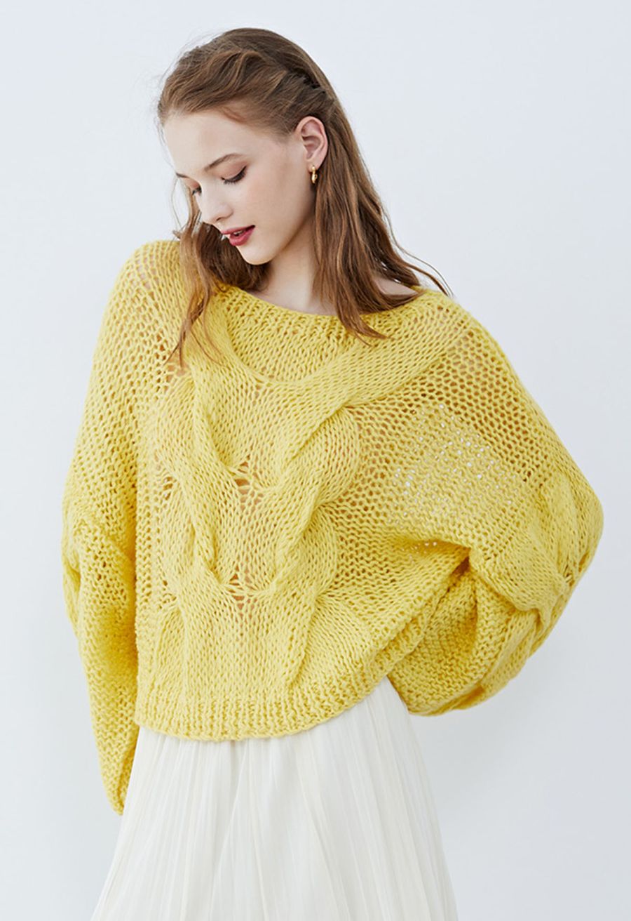 Hand-Knit Puff Sleeves Sweater in Yellow