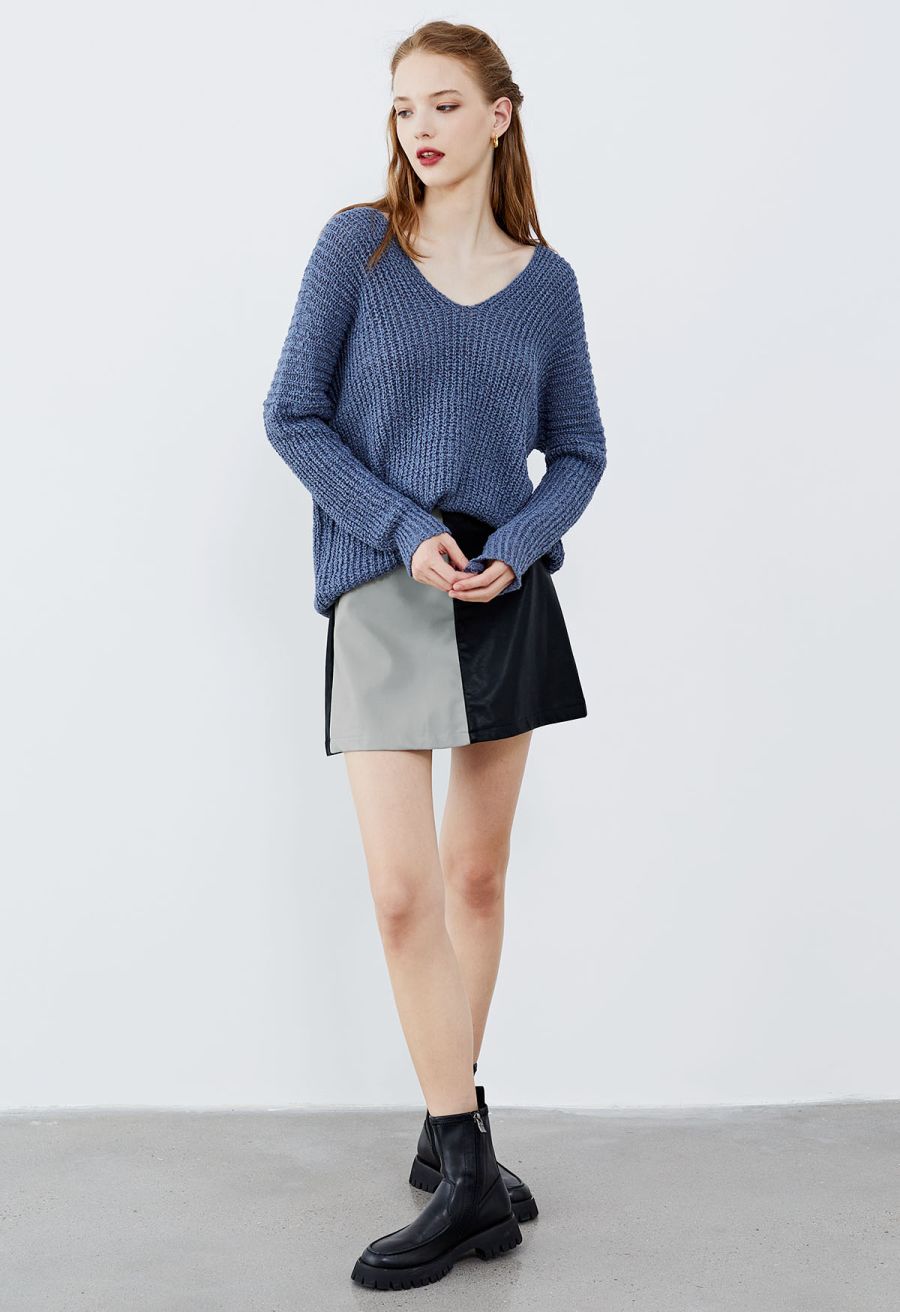 Two-Tone Faux Leather Mini Bud Skirt in Black