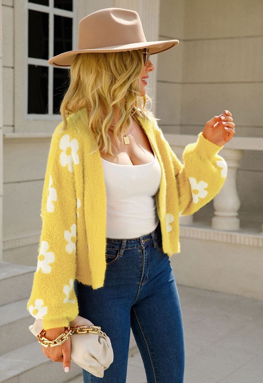 Cuteness Flowers Fuzzy Knit Cardigan in Yellow