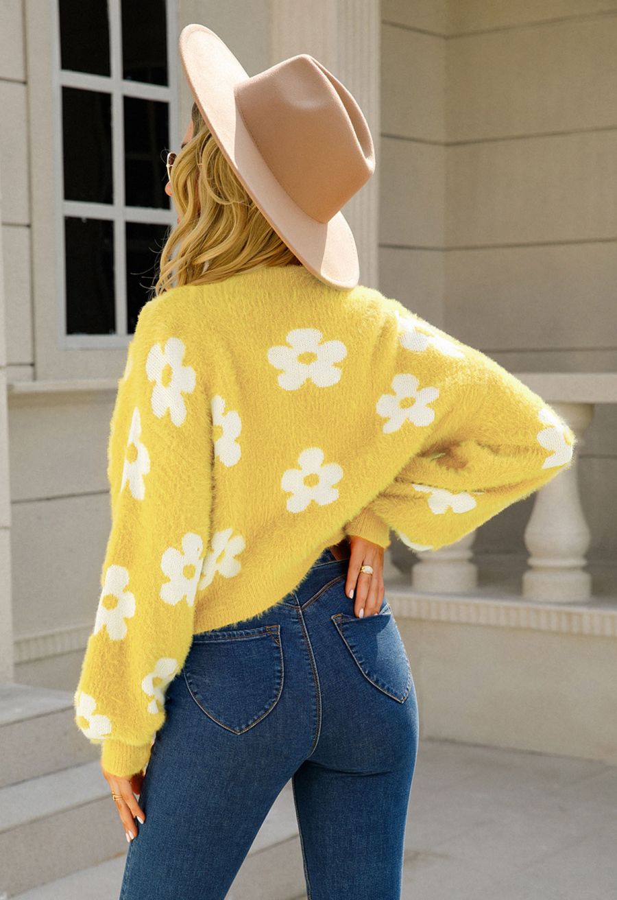 Cuteness Flowers Fuzzy Knit Cardigan in Yellow