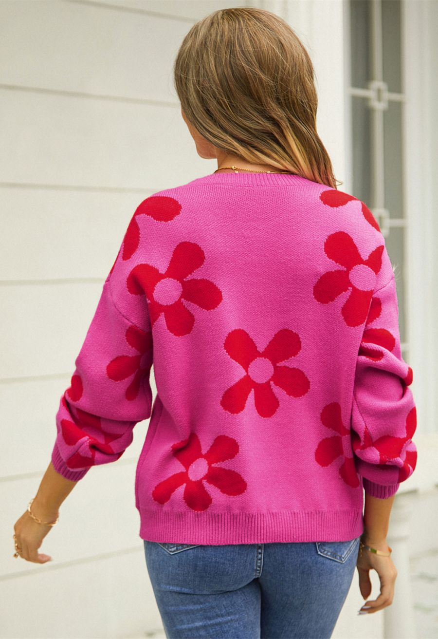 Cuteness Flowers Boxy Round Neck Knit Sweater in Hot Pink