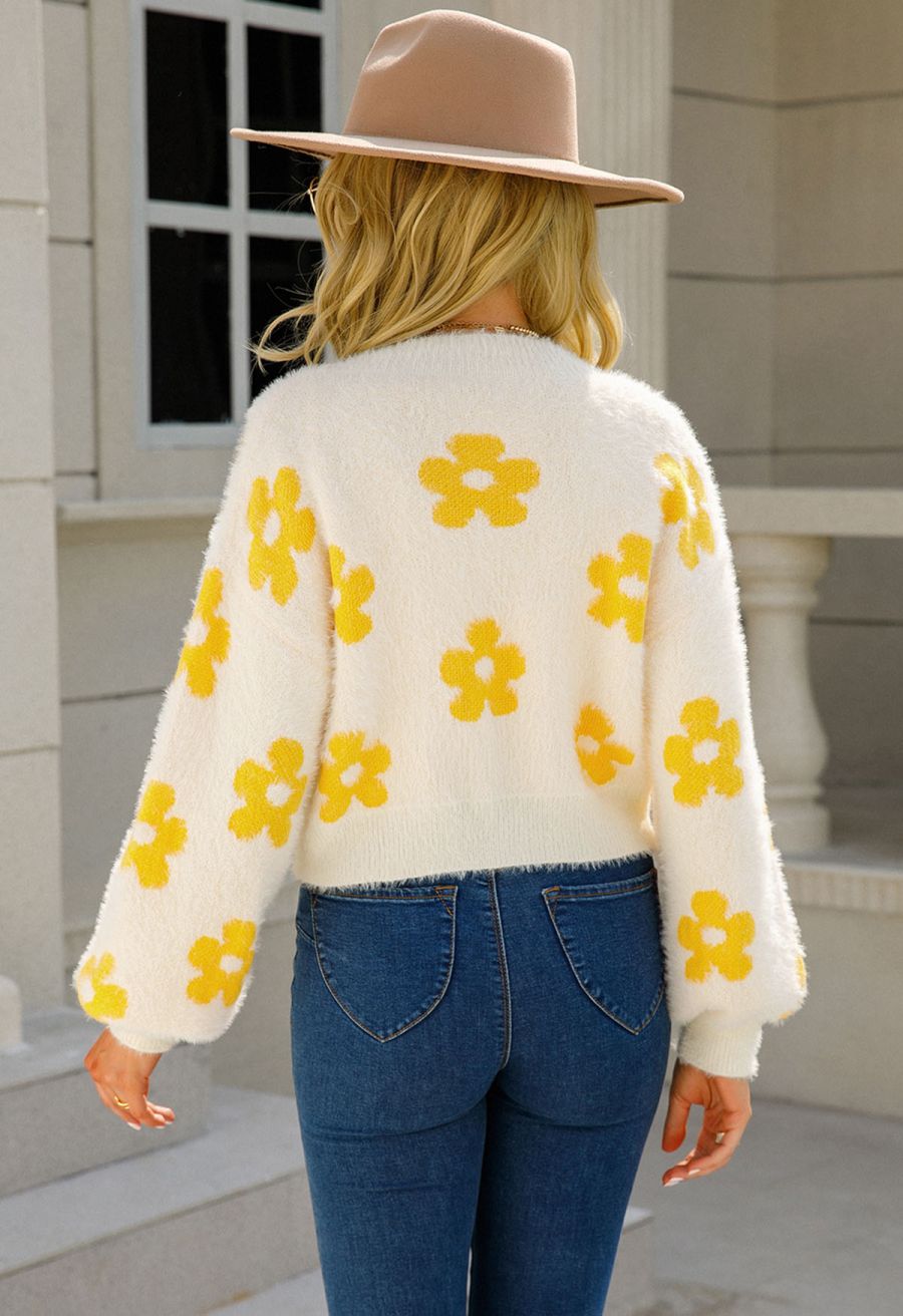 Cuteness Flowers Fuzzy Knit Cardigan in Ivory