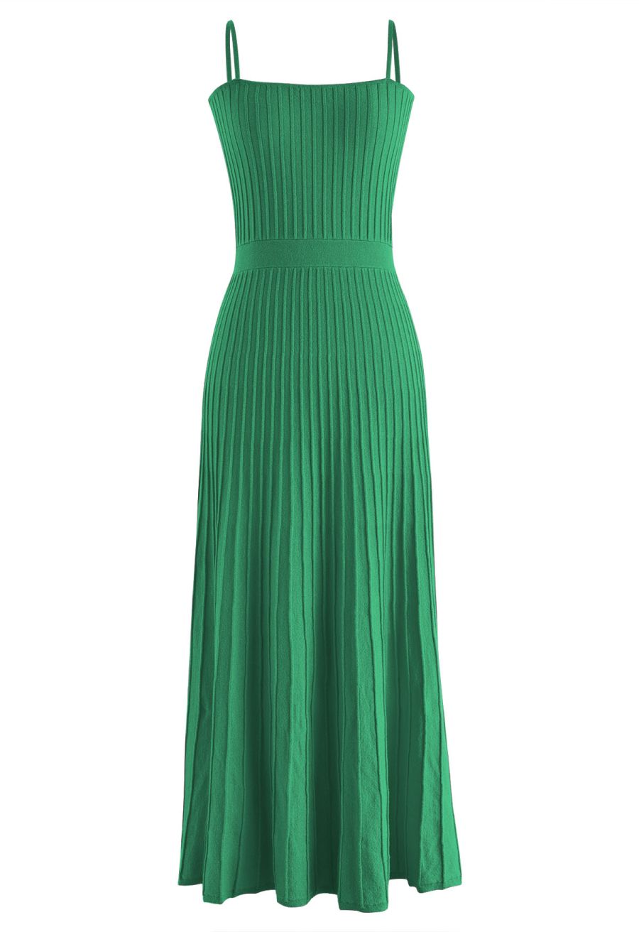 Solid Pleated Knit Cami Dress in Green