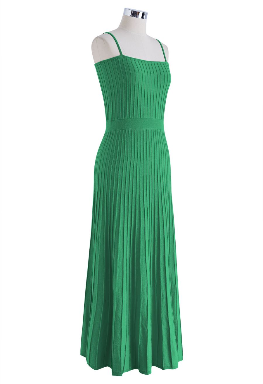 Solid Pleated Knit Cami Dress in Green