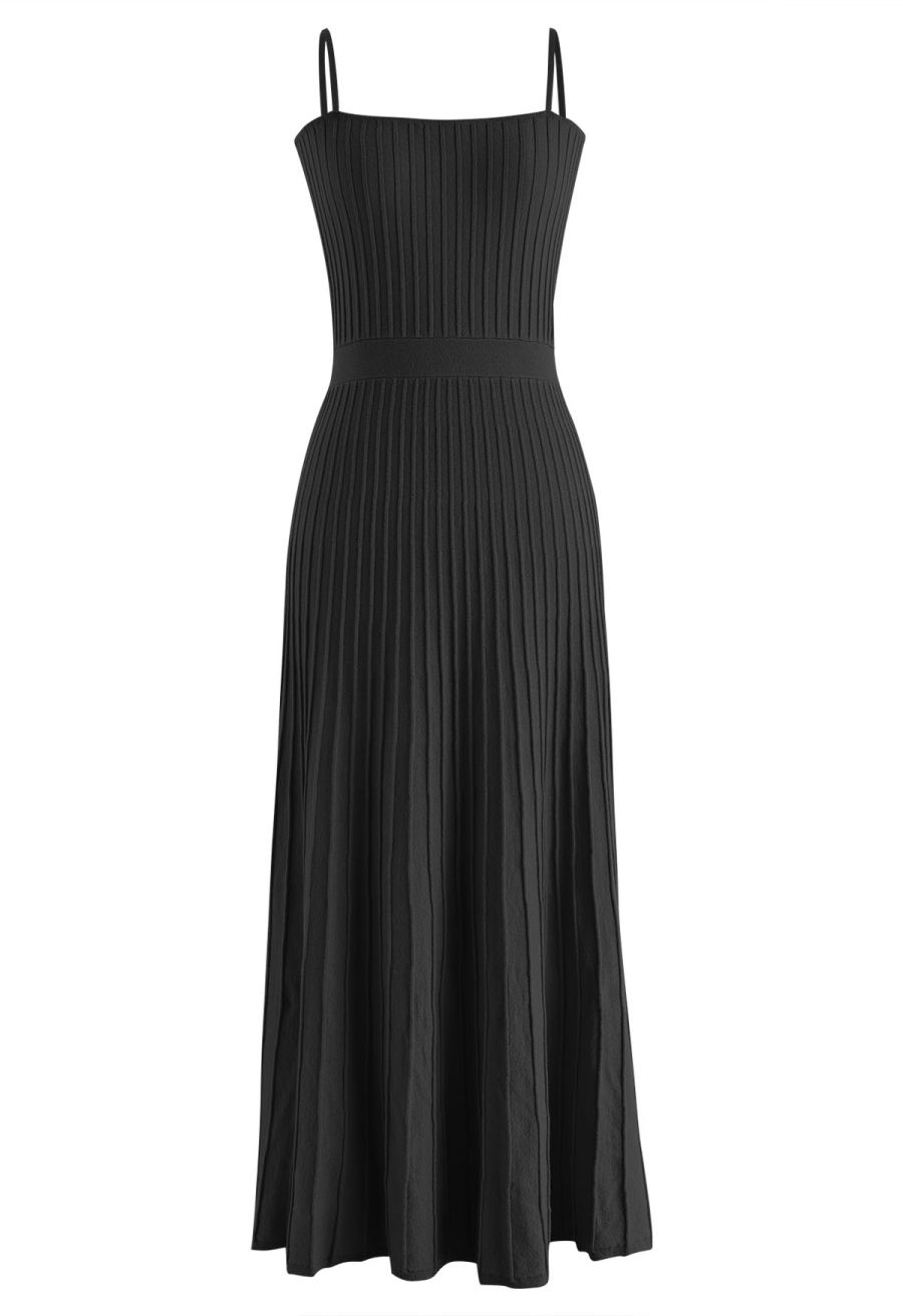 Solid Pleated Knit Cami Dress in Black