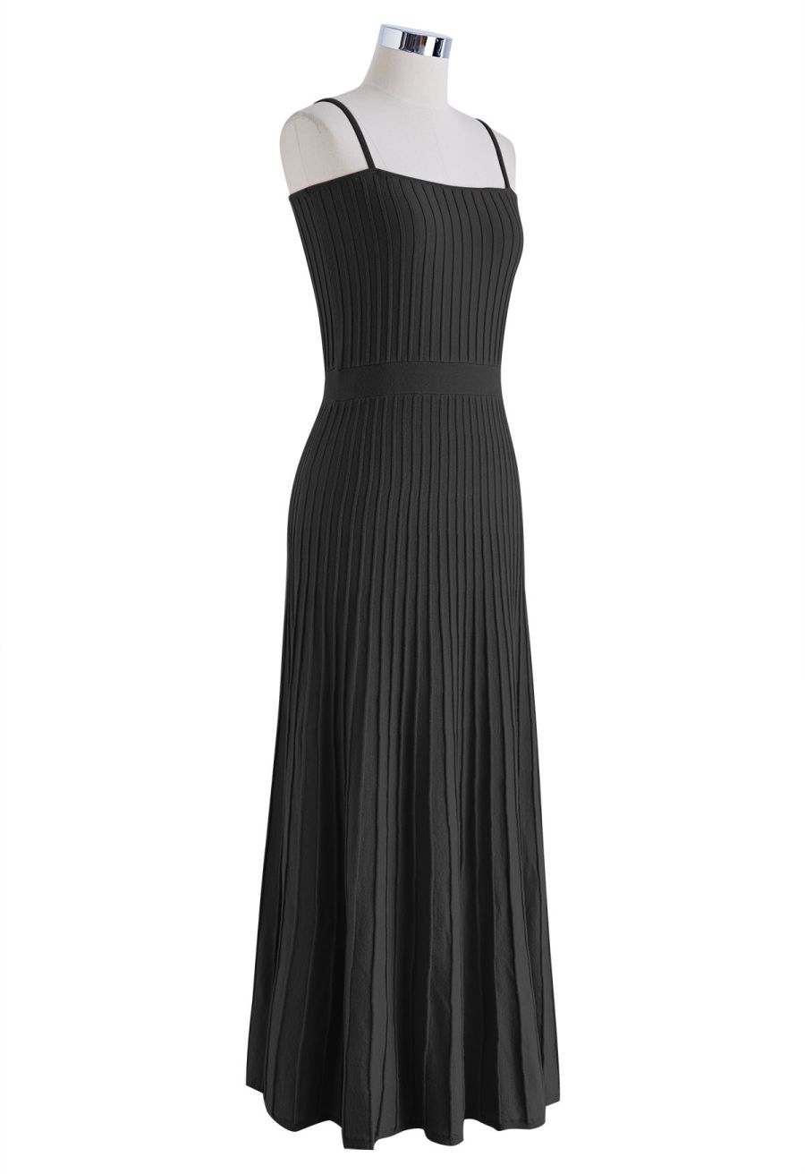 Solid Pleated Knit Cami Dress in Black