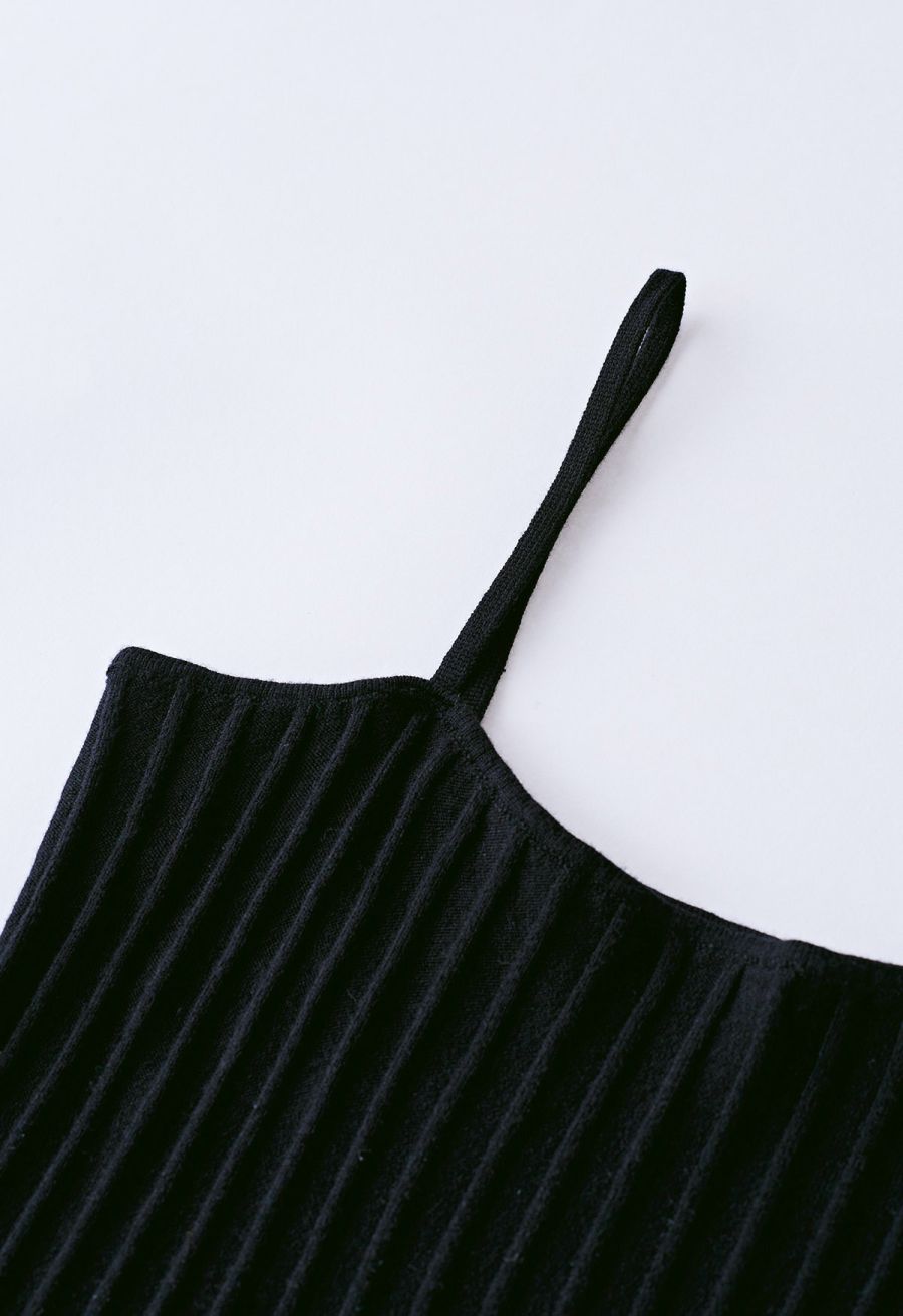 Solid Pleated Knit Cami Dress in Black