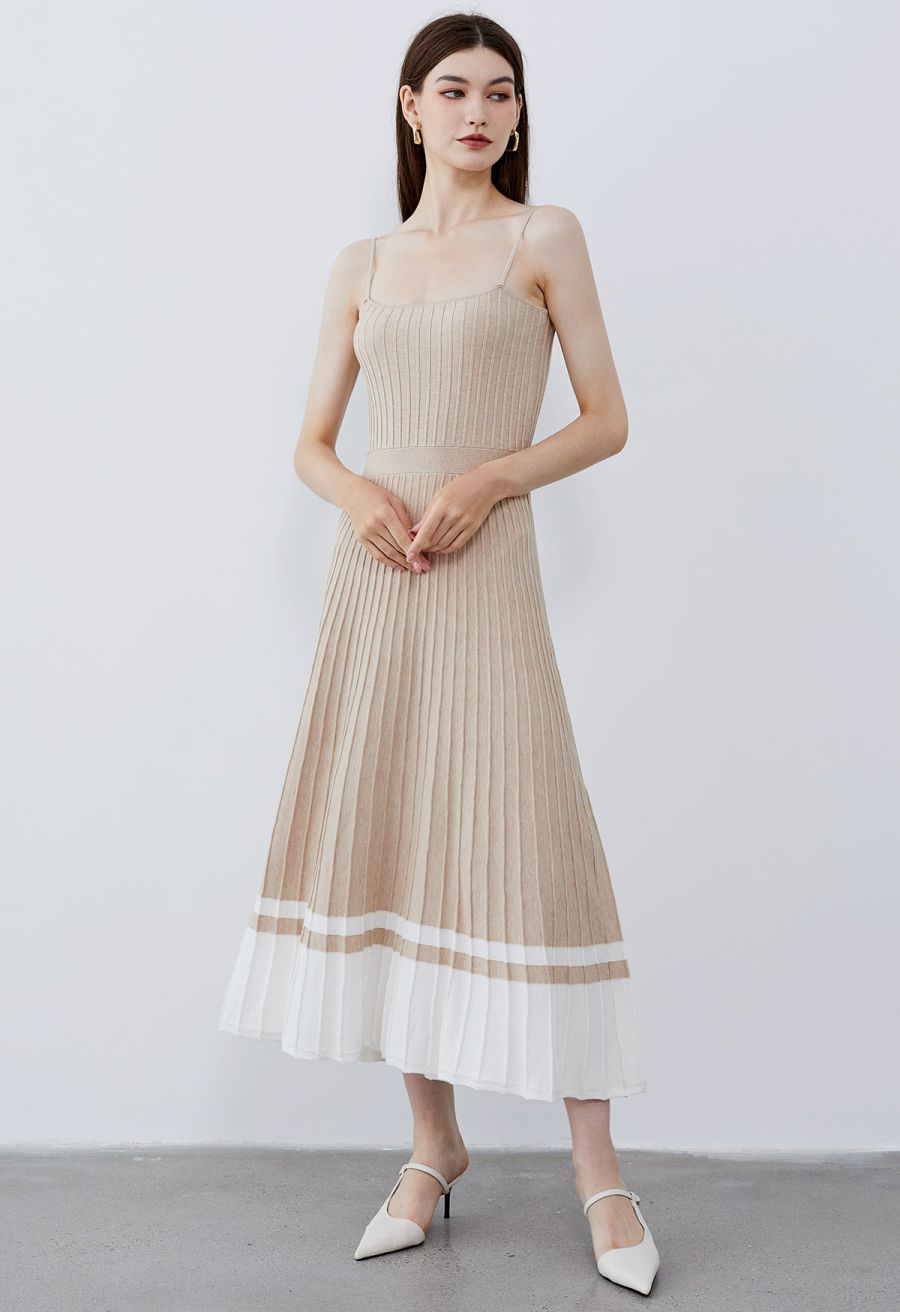 Color Block Pleated Knit Cami Dress in Oatmeal