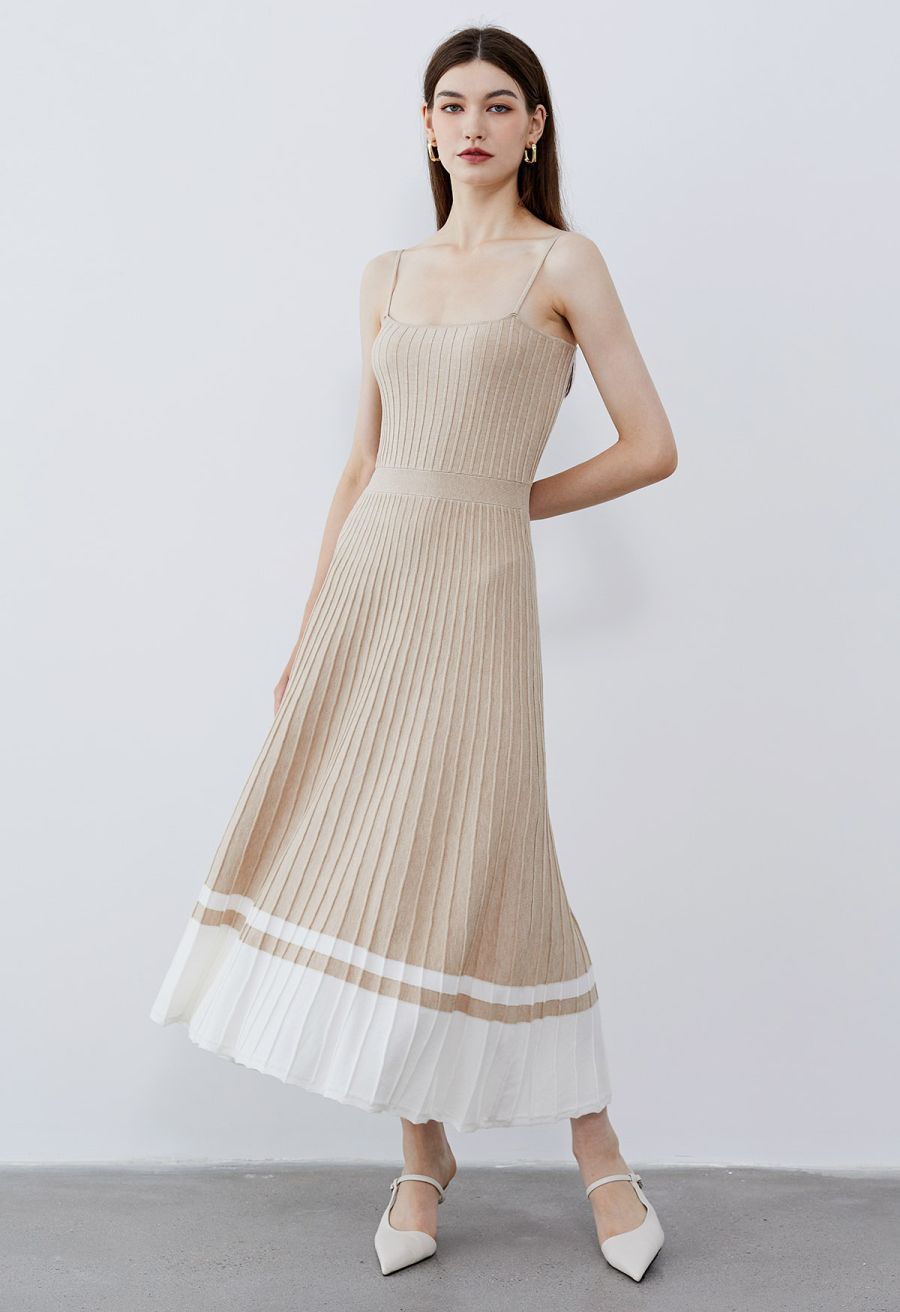 Color Block Pleated Knit Cami Dress in Oatmeal