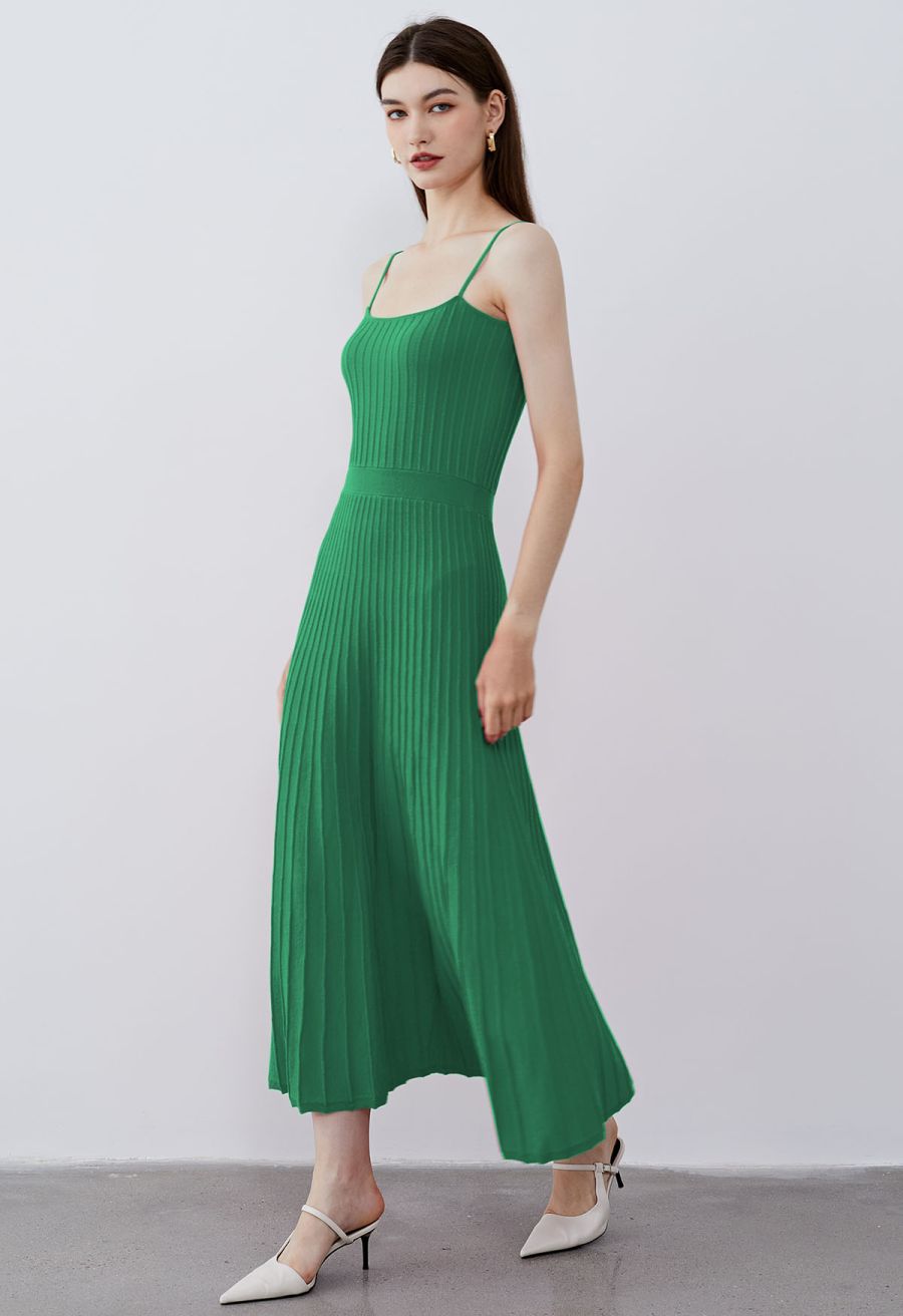 Solid Pleated Knit Cami Dress in Green