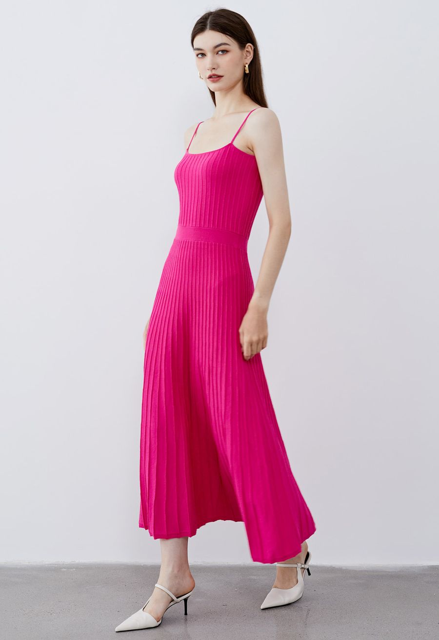 Solid Pleated Knit Cami Dress in Hot Pink