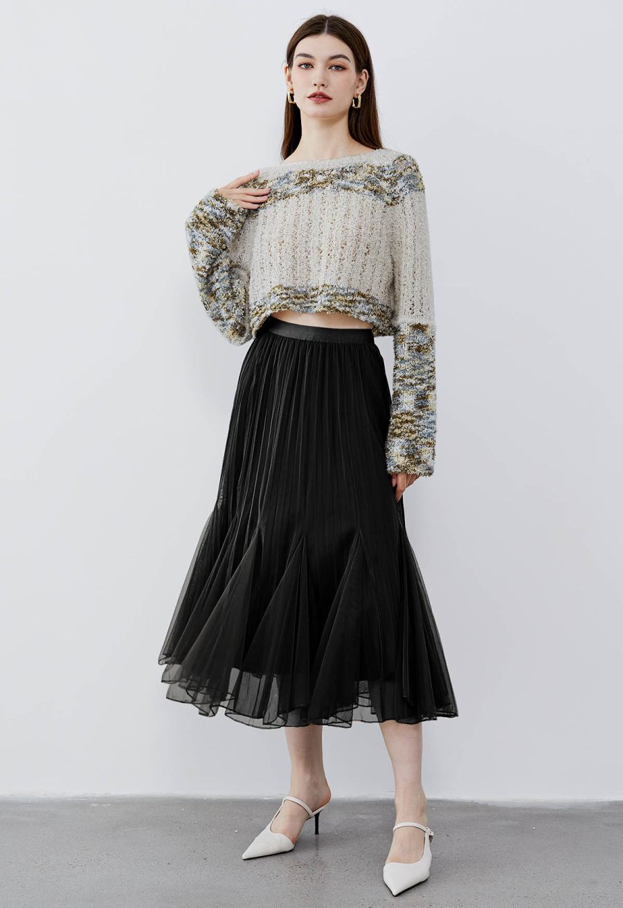 Panelled Pleated Mesh Tulle Midi Skirt in Black