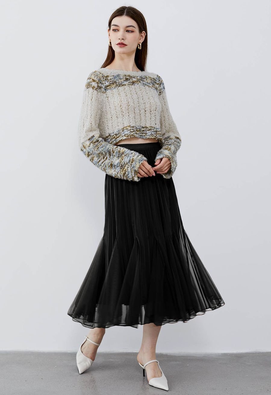 Panelled Pleated Mesh Tulle Midi Skirt in Black