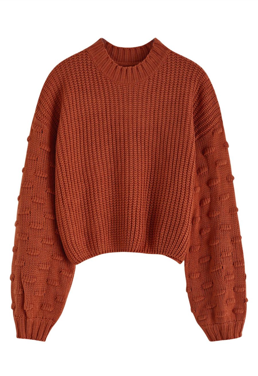 Playful Dotted Puff Sleeve Crop Sweater in Pumpkin