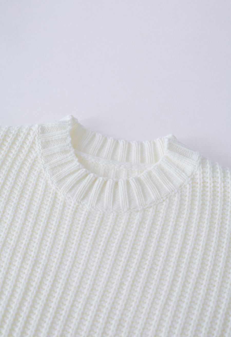 Playful Dotted Puff Sleeve Crop Sweater in White